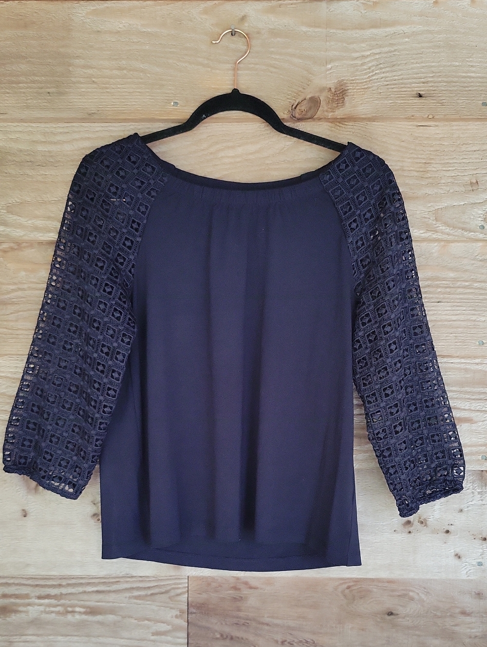 Talbots Size Medium Petite Deep Navy Crochet-Sleeve Peasant Top